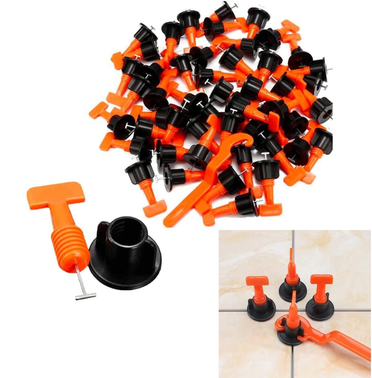 61ElxjBJFUL._SL1420_ Reusable Tile Leveling System 50 PCS Kit With Special Wrench 1 PCS 100% REUSABLE Tile Leveling System For Tiles/Stone Installation Flooring / Wall DIY (Orange/Black Colour) - Image 1