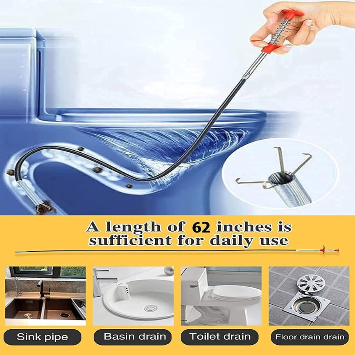 Drain Pipe Cleaning Spring Stick, Hair Catching Drain Pipe Cleaning Claw Wire, Sink Cleaning Stick Sewer Sink Tub Dredge Remover, Spring Drain Pipe Basin Cleaner Tool (160 cm) - Image 3